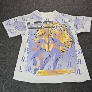 Vintage Leo The Lion Zodiac All Over Print T-Shirt Mens Large White 90s aop